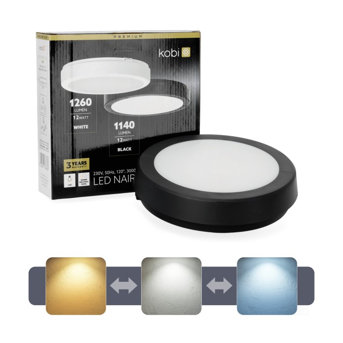 Lampe de plafond LED NAIROS G2 12W 3CCT IP65 noir Kobi Premium