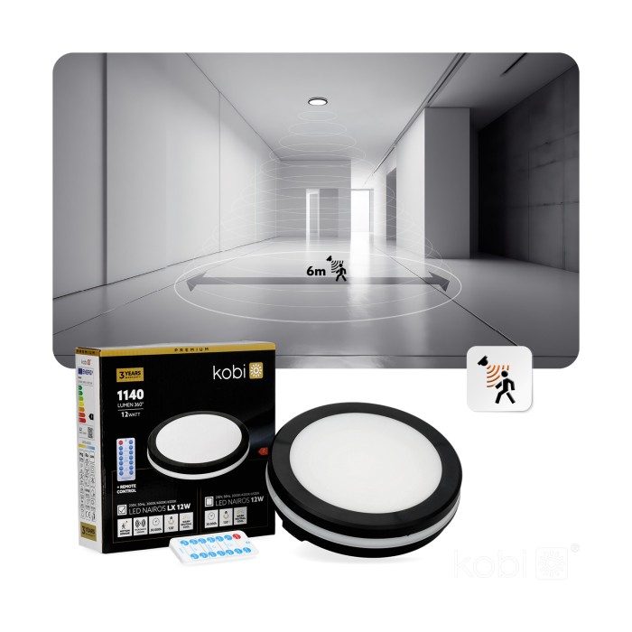 Plafonnier avec détecteur de mouvement LED NAIROS 12W CCT LX IP65 noir Kobi Premium