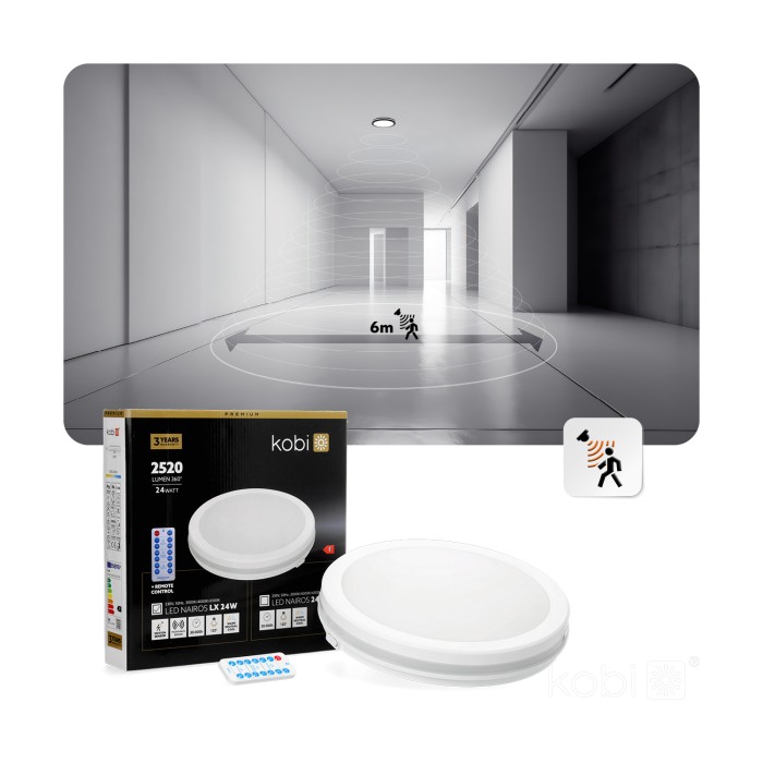 Plafonnier avec détecteur de mouvement LED NAIROS 24W CCT LX IP65 blanc Kobi Premium