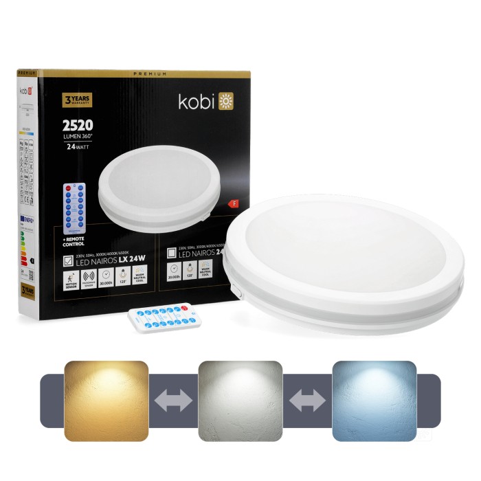 Plafonnier avec détecteur de mouvement LED NAIROS 24W CCT LX IP65 blanc Kobi Premium