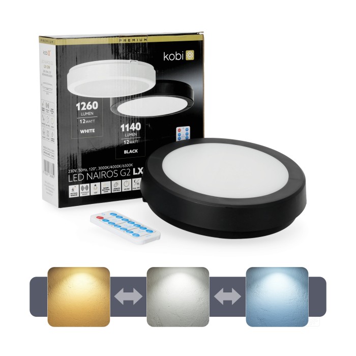 Plafonnier avec détecteur de mouvement LED NAIROS G2 12W 3CCT LX IP65 noir Kobi Premium