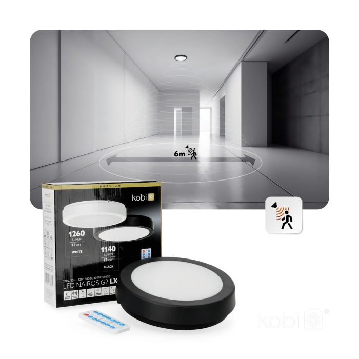 Plafonnier avec détecteur de mouvement LED NAIROS G2 12W 3CCT LX IP65 noir Kobi Premium