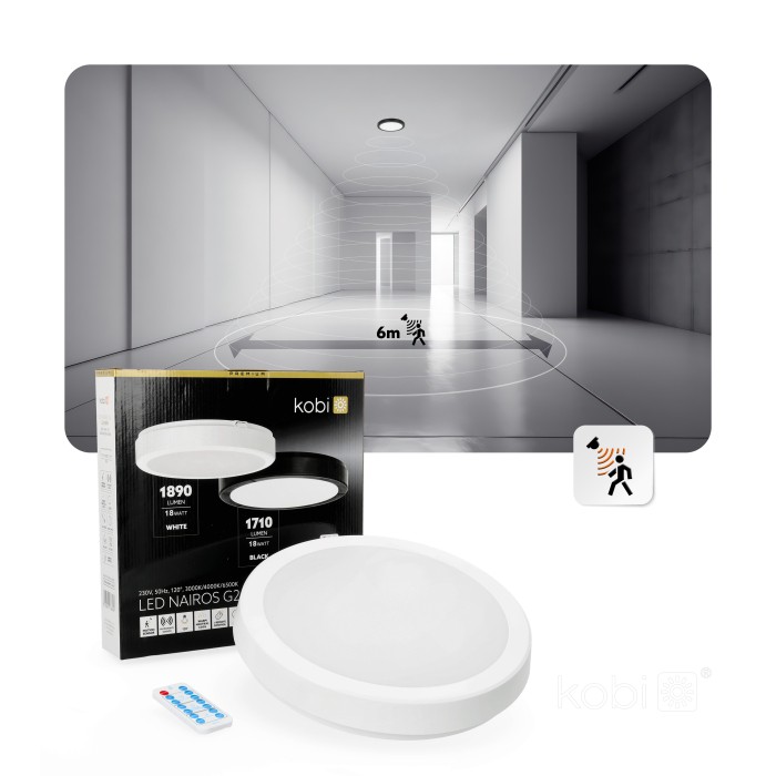 Plafonnier avec détecteur de mouvement LED NAIROS G2 18W 3CCT LX IP65 blanc Kobi Premium
