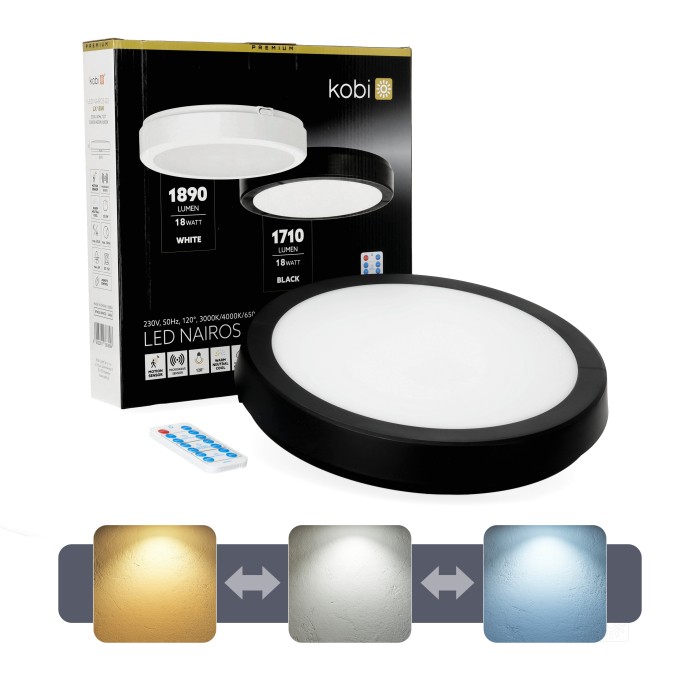 Plafonnier avec détecteur de mouvement LED NAIROS G2 18W 3CCT LX IP65 noir Kobi Premium