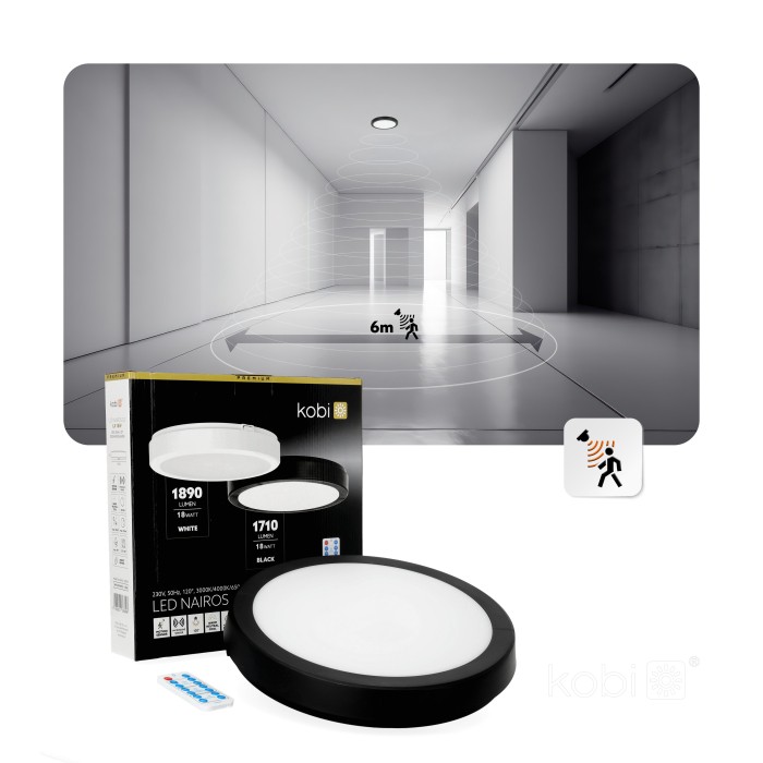 Plafonnier avec détecteur de mouvement LED NAIROS G2 18W 3CCT LX IP65 noir Kobi Premium