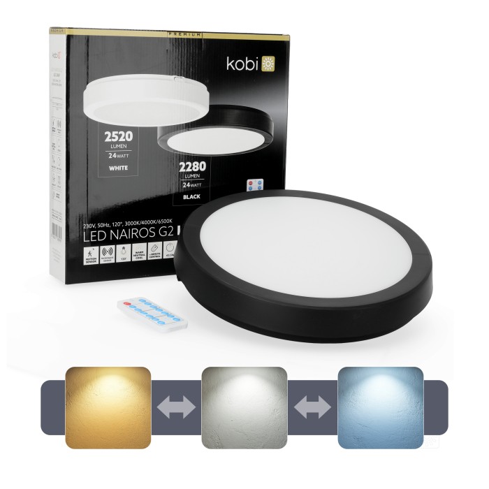 Plafonnier avec détecteur de mouvement LED NAIROS G2 24W 3CCT LX IP65 noir Kobi Premium