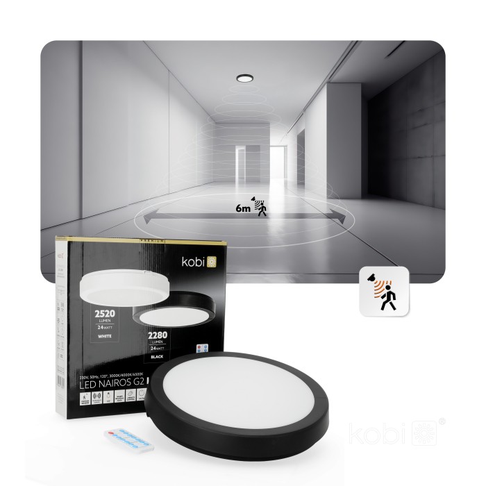 Plafonnier avec détecteur de mouvement LED NAIROS G2 24W 3CCT LX IP65 noir Kobi Premium