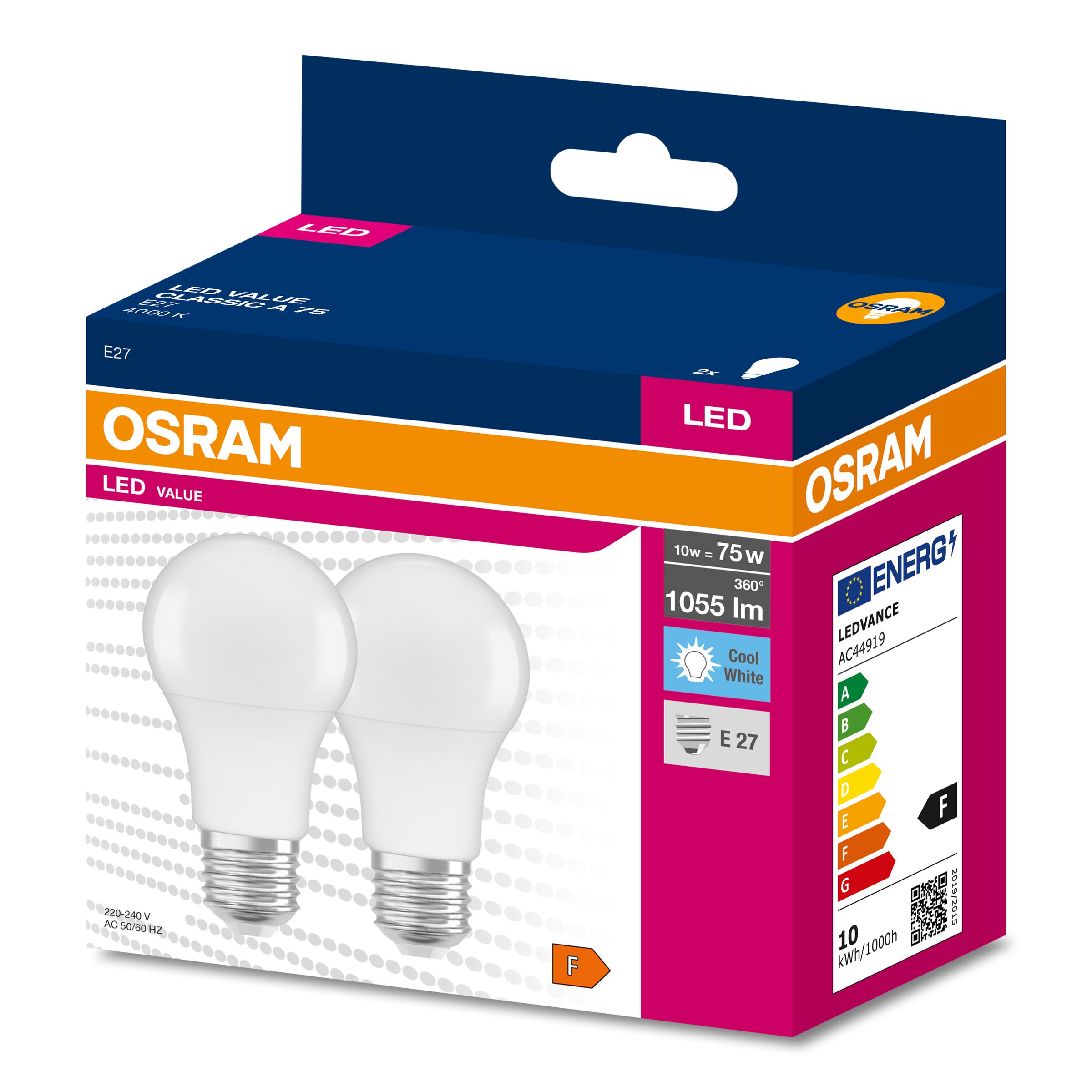 Ampoules LED VALUE Classic E27 10W 105lm/W 4000K neutre, paquet de 2 pièces