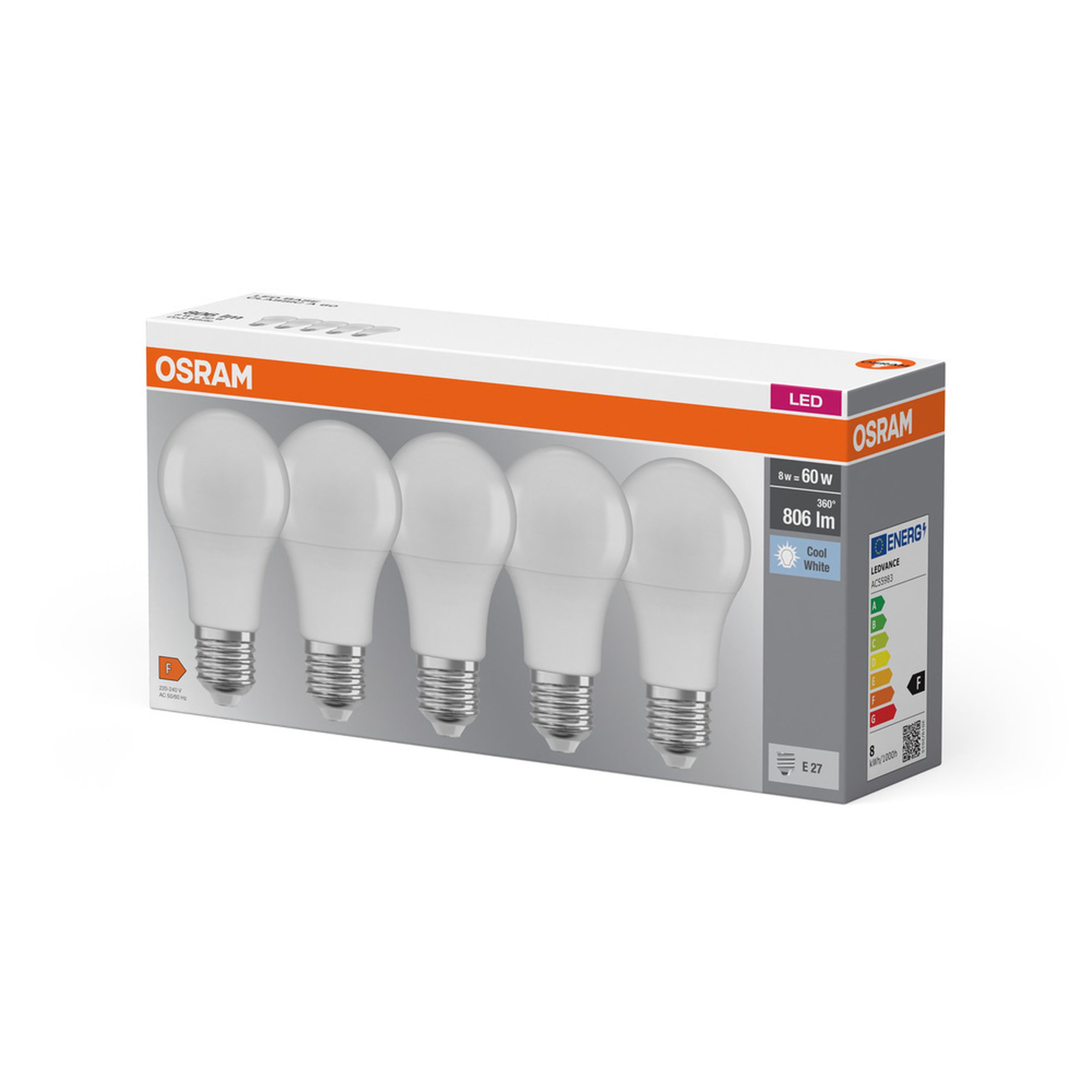 Lot de cinq ampoules LED BASE CLASSIC A 8,5W 840 givrée E27