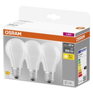 Lot de trois ampoules LED BASE CLASSIC A 6,5W 827 Dépolies E27