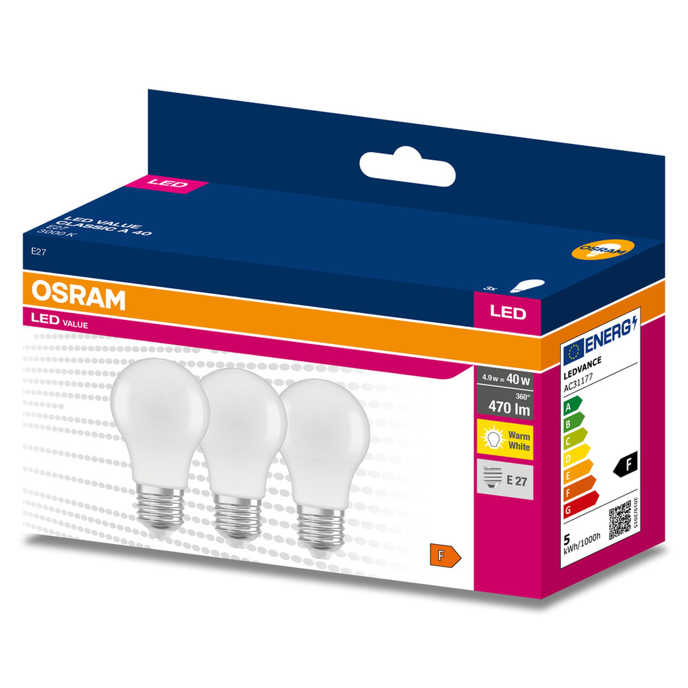 Lot de trois ampoules LED VALUE CLASSIC A 40, 4.9W/3000K, culot E27