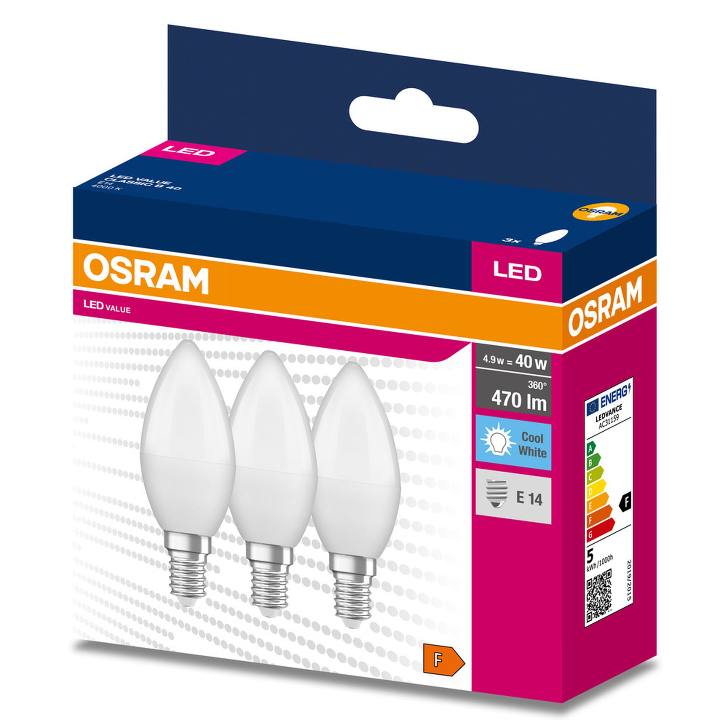 Lot de trois ampoules LED VALUE CLASSIC B 40 4.9W/4000K E14